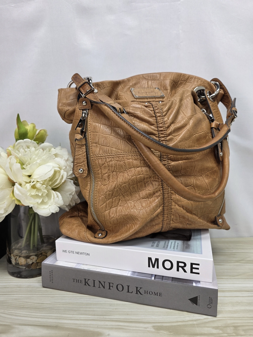 b. makowsky Tan Croc-Embossed Leather Hobo Bag